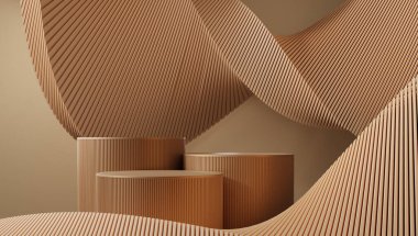 3d soyut üç kahverengi podyum minimum arkaplan geometrik şekiller daire, bir katta kaide eğimli duvar görüntüleme platformu ürün kozmetik sunumu için, kopyalama alanı