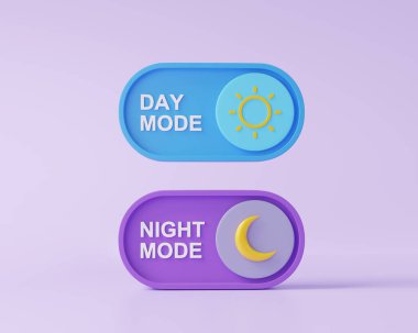 Daymode and nightmode switch icon on and off toggle light and dark mode buttons mobile phone app creative design ux, ui interface electronic controller on isolated purple background. 3d rendering