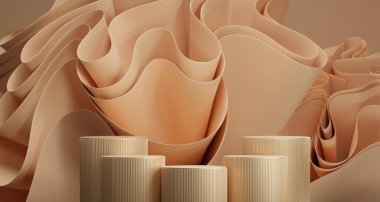 Five podium abstract modern brown background. gold pedestal luxury fashion beige advertising stand elements branding display composition platform scene product cosmetic presentation. 3d render