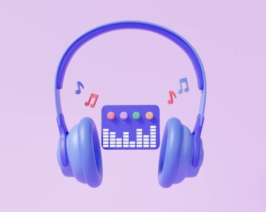 Minimal cartoon 3D headphone icon with notes music floating on purple pastel background, podcast audio streaming listening entertainment, musical studio karaoke concept. 3d render illustration