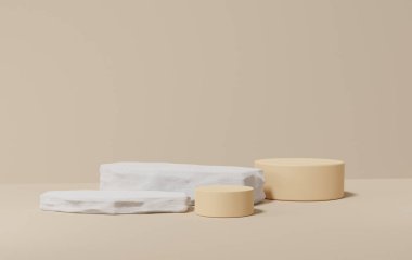 3d render beige podium empty presentation stone product display background. pedestal scene platform rock texture mockup shapes composition, copy space. cosmetic advertising. illustration