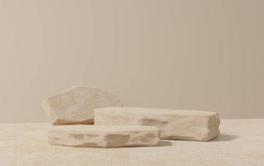 Beige podium empty presentation stone brown color product display background pedestal scene platform rock texture mockup shapes composition, copy space. cosmetic advertising. 3d render illustration