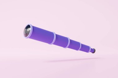 Spyglass astronomi sınıfı evren bilim eğitimi bilgi aracı, pembe arka planda Mor teleskop 3D simge. Gözlem öğrenme galaksisi. 3d resimleme ögeleri