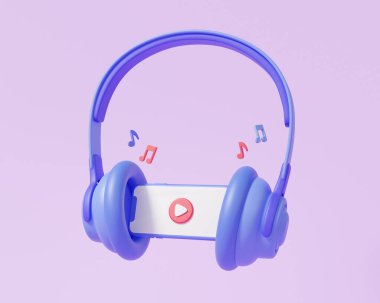Entertainment headphone podcast audio streaming via smartphone modern playing video floating on purple background. listening entertainment, musical studio karaoke concept. 3d rendering
