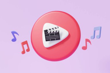 Movie clapper board icon floating on purple background with entertainment creative video editing concept. musical studio karaoke cartoon minimal, banner, copy space, streaming. 3d render illustration
