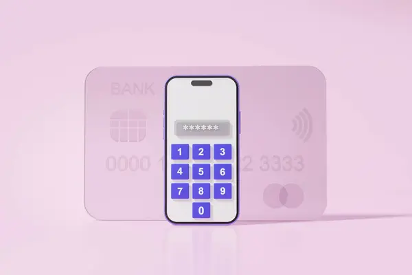Online payments credit or debit card concept. deposit banking financial transactions password security via mobile phone on pink background. cartoon minimal style. 3d render illustration. elements
