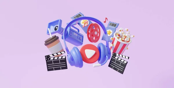 Podcast audio entertainment media creative professional modern headphone playing video with movie camera floating on purple background. internet, banner, copy space, 3d rendering illustration