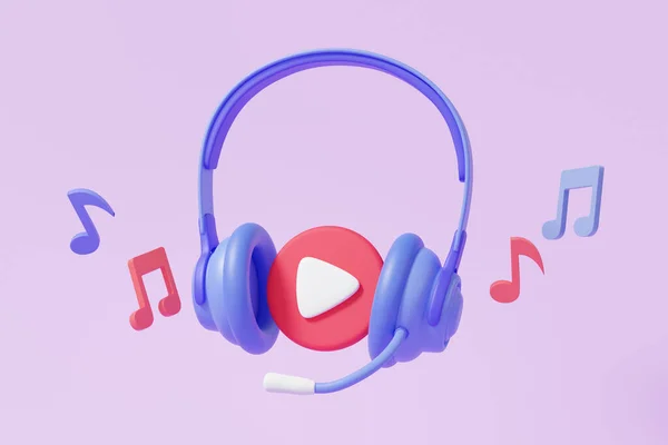 Playing video entertainment with headphone, podcast audio streaming floating on purple background. listening entertainment, musical notes studio karaoke concept. support consultant talk. 3d render
