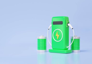 Akümülatör, izole arka planda gerçekçi yeşil elektro araba şarj istasyonunu şarj ediyor. Elektrik ekolojisi çevre enerji teknolojisi. En az çizgi film tarzı. 3 boyutlu resimleme. ögeler