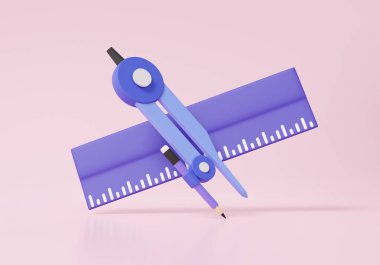Çocuklar için Cetvel ve Geometrik Pusula Okul Malzemeleri pembe arka planda matematik için daire resmi oluşturur. Kırtasiye, çizim, okul, öğrenci, çocuk, mimar tasarımı. 3d oluşturma