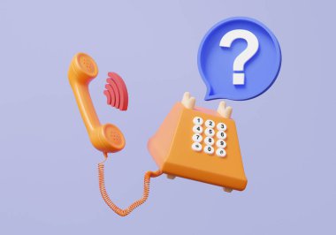 Mor arka planda yüzen turuncu antika telefon soru işareti. SSS cevap çözümü bilgi operatöründen iletişim kurmaya, danışman konuşma konseptini desteklemeye yardım etmesini isteyin. 3d oluşturma ögesi