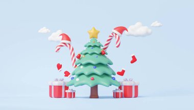 Minimum çizgi film tarzı Noel ağacı hediye kutusu mutlu noeller ve gökyüzü mavisi arka planda mutlu yeni yıl tanıtım afişleri. xmas şenlik tasarım elementleri. 3d resimleme