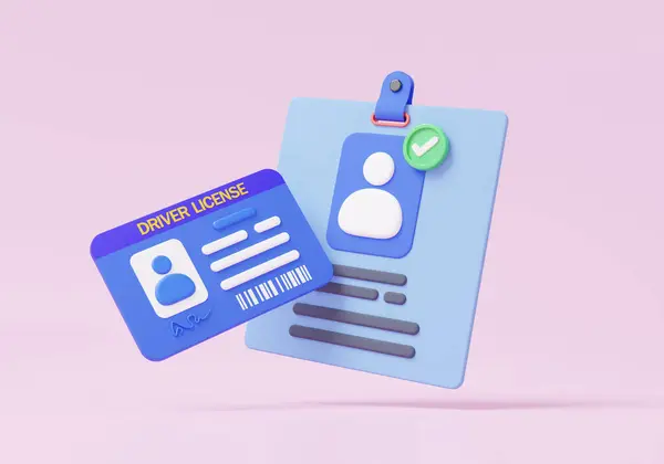 Driver license Id card and Identification staff company mark safety profile name on pink background. personal badge, human resources, national, avatar, verify identity concept. 3d render illustration