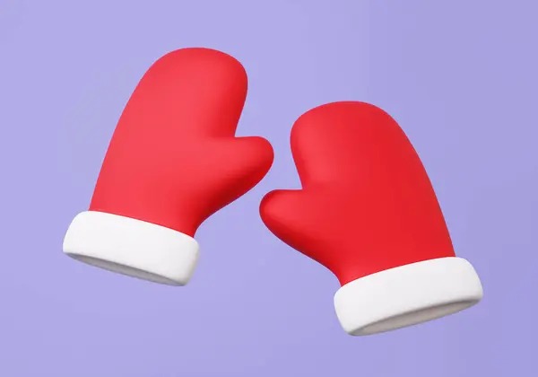 Cartoon Karakter Minimale Stijl Twee Rode Kerst Handschoen Zweven Paarse Rechtenvrije Stockafbeeldingen