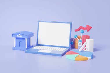 Yüzde oranlı veri analizine sahip bilgisayar dizüstü bilgisayar dizüstü bilgisayarı fonu tablo ikonu büyüme bankası istatistikleri grafik geliştirme konseptini optimize ediyor. Element çizgi filmi. 3d resimleme