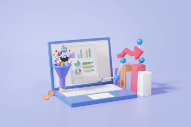 Yatırım pasif gelirli sosyal medya hisse senedi veri analizi bilgisayar dizüstü bilgisayarı istatistikleri ile optimizasyon büyümesi grafiksel gelişim kavramını finanse eder. 3d çizim elementleri