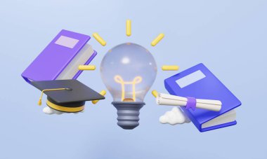 Yenilik ampulü yaratıcı fikir önderlik kitabı Pastel arka planda yüzüyor. Okuma eğitimi bilgisi öğrenme konsepti. En az çizgi film tarzı. 3d oluşturma