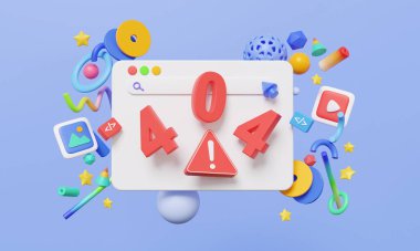 Web sitesi kodu 404 bakım güncellemeleri bulunamadı UI-UX kırmızı üçgen uyarı modern grafik tasarım yazılım geliştirici kavramı. Soyut elementler geometrik şekiller. 3d resimleme