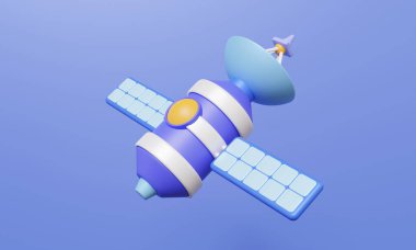 Mor arka planda güneş pili panelleri olan bir uydu. Teknoloji evreni internet ağı haberleşme konseptini araştırıyor. Radar anteni astronomik evren. 3d oluşturma ögeleri