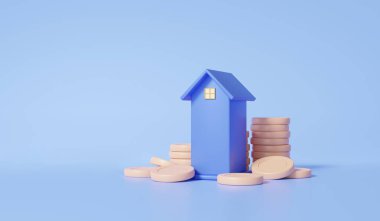 Emlak konsepti. Mülkiyet işletmeleri, kiralık konutlar, konut kiraları, gelir yatırımı, para tasarrufu yönetimi. Minimum çizgi film. 3 boyutlu görüntüleme. resimleme ögeleri