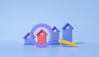 Büyüteç kiralama, kiralık konutların taşınması, aile için en iyi ev, mavi arka planda emlak işleri. 3 boyutlu görüntüleme. resimleme ögeleri