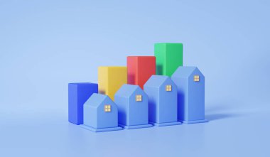 Mavi arka planda emlak işi. Grafik büyümesi borç para, kira evi, konut satın alma, ev satın alma, 3D resimleme. ögeler minimal çizgi film biçimi