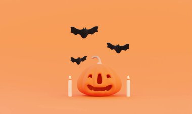 Turuncu arka planda yarasa olan bir balkabağı. Cadılar bayramı konseptin kutlu olsun. Sanat reklam afişi tasarımı, promosyon promosyonu, Ekim tatili. En az sevimli çizgi film kadar yumuşak. 3d resimleme