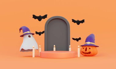 Cadılar Bayramı konsepti Sunum kaidesi soyut sahne turuncu arka planı. Geometrik podyum ürün satışı, kompozisyon, kozmetik, markalaşma, 3D tasarım. resimleme ögesi