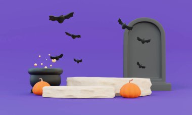 Cadılar bayramı konseptin kutlu olsun. Geometric podyum ürün satış reklamları sahnesi koyu mor arkaplan. kompozisyon, kozmetik, markalaşma, üç boyutlu resimleme