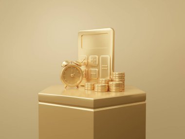 Saatli hesap makinesi, vergi ödeme konsepti. Golden Stand arka planı. Madeni paralar bütçe ekonomisi mali ekonomi öğrenme işini istifliyor. 3d oluşturma