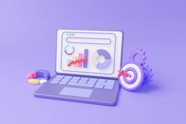 Analitik veri büyüme istatistikleri finans grafiği iş geliştirme kavramına yatırım yapmak için dizüstü bilgisayar borsasında optimizasyon grafiği. Vizyon stratejisi hedef planlamasını hızlandırıyor. 3d izometrik çizim