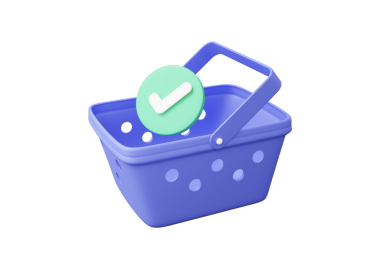 Kontrol damgası boş alışveriş sepetlerini onayladı, izole edilmiş arka planda çevrimiçi dükkan kavramı. Finansal indirim, promosyon, satış, karikatür tarzı. 3d resimleme