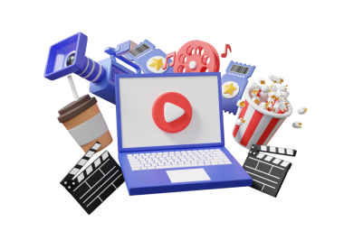 Dizüstü bilgisayar, video kamera montajı ve izole arkaplandaki bilgisayar aracılığıyla ses müziğini kesiyor. hareket, vlog, film alkış tahtası, lezzetli parti hızlı patlamış mısır kutusu, 3D resimleme