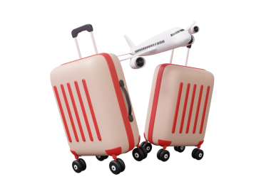 İzole edilmiş arka planda yüzen seyahatin bavulu. Uçak turu yaz tatili konsepti. Çizgi film minimumu. 3d resimleme