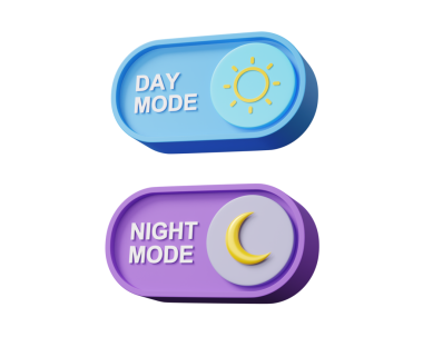 İzole edilmiş arkaplanda gündüz modu ve gece modu anahtar simgesi açık ve karanlık mod düğmelerini aç ve kapat cep telefonu uygulaması yaratıcı tasarım ux, ui arayüz elektronik denetleyici. 3d oluşturma