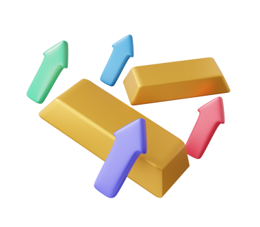 Ok büyümesi altın külçesi simgesi, yatırım varlıkları değiş tokuşu para tasarrufu kavramı. İzole edilmiş arkaplanda asgari çizgi film biçimi. 3d çizim elementleri