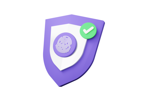 Parmak izi koruma kalkanı simgesi ve mark güvenliğini kontrol et, çevrimiçi ödeme koruma sistemi siber parmak izi gizlilik güvence altında tutuluyor. 3d resimleme.