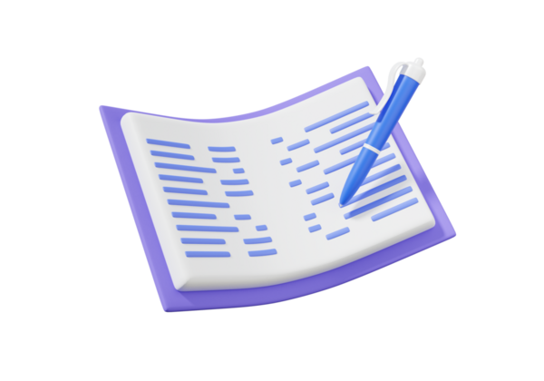 İzole edilmiş arkaplanda kalemi olan kitabı aç. Okuma eğitimi online eğitim konsepti. pankart, 3D resimleme