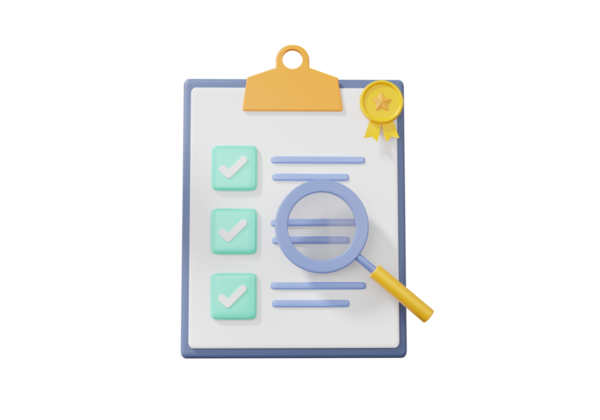 İzole edilmiş arkaplanda yüzen kağıt üzerinde sertifika simgesi ve kalem. Kalite kursları sınav bilgisi garanti belgesi teminatı. 3d resimleme