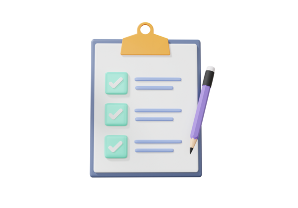 Pano kağıdındaki kontrol listesi. İzole edilmiş arkaplanda bilgi işi belgesi doğru işareti. En az sevimli çizgi film kadar yumuşak. 3d resimleme