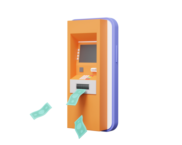 Uygulama üzerinden çevrimiçi işlem ATM internet bankacılığı cep telefonundan. Para ödeme sistemi konsepti. Teknoloji değiş tokuşu, afiş, karikatür tarzı. 3d resimleme