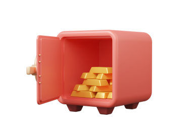 Güvenli kasa ikonu, altın koruma çubuğu, özel dolap, gizli banka kazançları tasarruf, bütçe fonu, depozito, izole edilmiş arka planda çizgi film tarzı. 3d resimleme