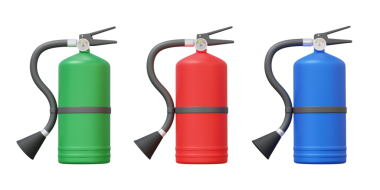 Üç yangın söndürücü yeşil, kırmızı, mavi şeffaf arka planda izole edilmiş. Yangın tehlikesi acil durum, güvenlik objesi. 3d resimleme