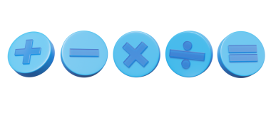 Mavi temel matematik işlemini renkli ikon sembolleri matematiği, artı, eksi, çarpma, sayı bölünmesini ayarla. Matematik öğrenme konsepti. İzole edilmiş şeffaf arkaplan. 3d resimleme