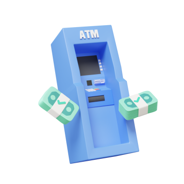 Para havale hesabı konsepti. İzole edilmiş şeffaf arka planda banknotları olan otomatik elektronik para çekme makinesi. Para çekme tasarrufu. 3d hazırlayıcı