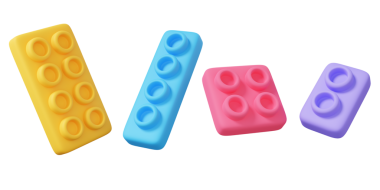 Şeffaf arkaplanda izole edilmiş tuğla blok yapboz ikonu sarı gökyüzü mavisi pembe renk. Çocuk oyunu kutuları inşa eder sembol inşaatı tasarım bebek eğitimi yaratır. 3d resimleme