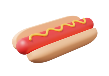 Fast food ikonu, şeffaf arkaplanda sarı soslu sosisli sandviç. Kahvaltı, çizgi film tarzı. 3d resimleme