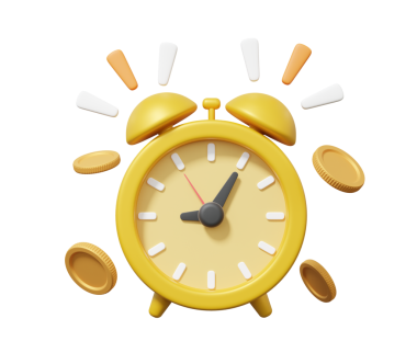 Üç boyutlu sarı saat simgesi, bozuk paralarla izole edilmiş arka planda yüzen zaman parası. Hisse senedi ticareti gelir emekliliği planlama finans yatırım iş konsepti. element illüstrasyonu