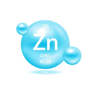 Zinc molecule models blue and chemical formulas scientific element. Natural gas. Ecology and biochemistry concept. Isolated spheres on white background. 3D Vector Illustration. clipart