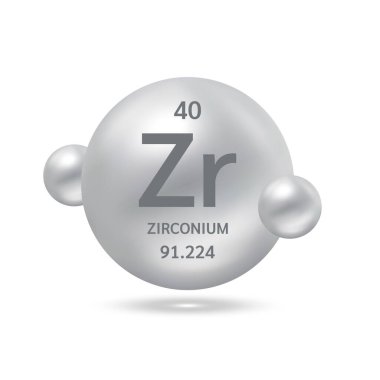 Zirkonyum molekülü gümüş ve kimyasal formülleri bilimsel olarak modeller. Doğal gaz. Ekoloji ve biyokimya kavramı. Beyaz arka planda izole küreler. 3B Vektör İllüstrasyonu.